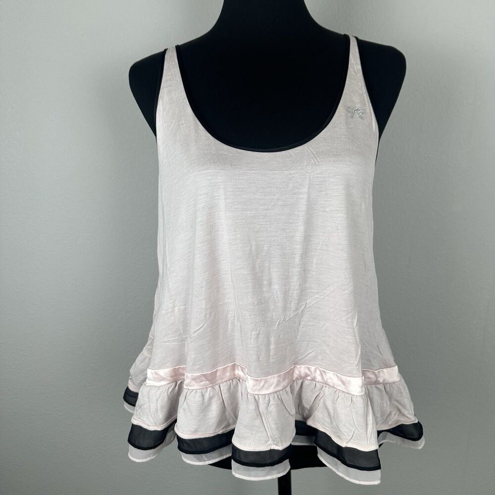 Victorias Secret Sleep Top Womens Large Black Pink Rhinestone Bow Coquette